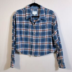 American Eagle Blue Red White Plaid Stripe Crop Long Sleeve Shirt Women Small